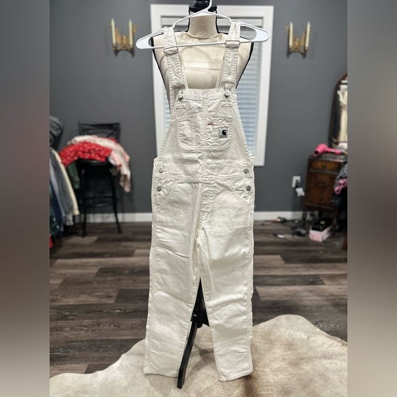 Women’s Carhartt WIP Norris White Denim Adjustable Overalls Extra Small Rare - Picture 2 of 8